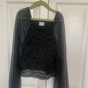 Zara shirt with sheer sleeves and silver detail 11/12 holiday glam